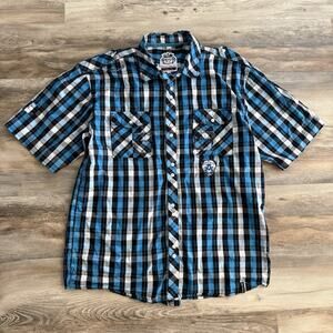 AKDMKS Blue Plaid Button Up Shirt Men’s 2XL Short Sleeve Cotton
